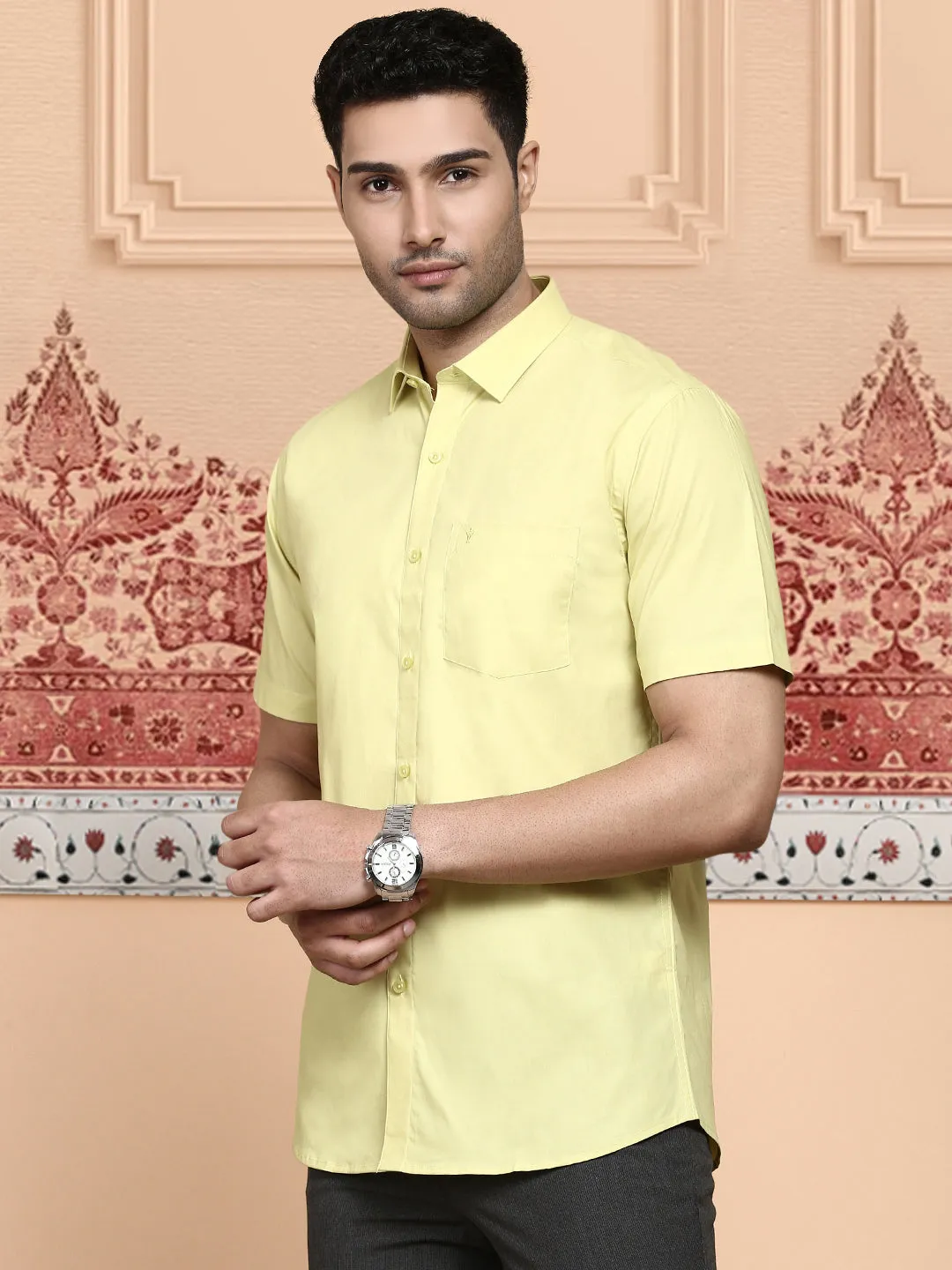 Men Cotton Spandex Shirt 2 Way Stretch Yellow LY3