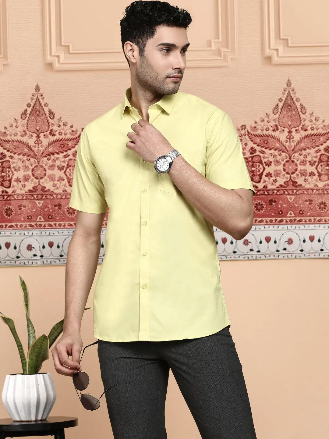 Men Cotton Spandex Shirt 2 Way Stretch Yellow LY3