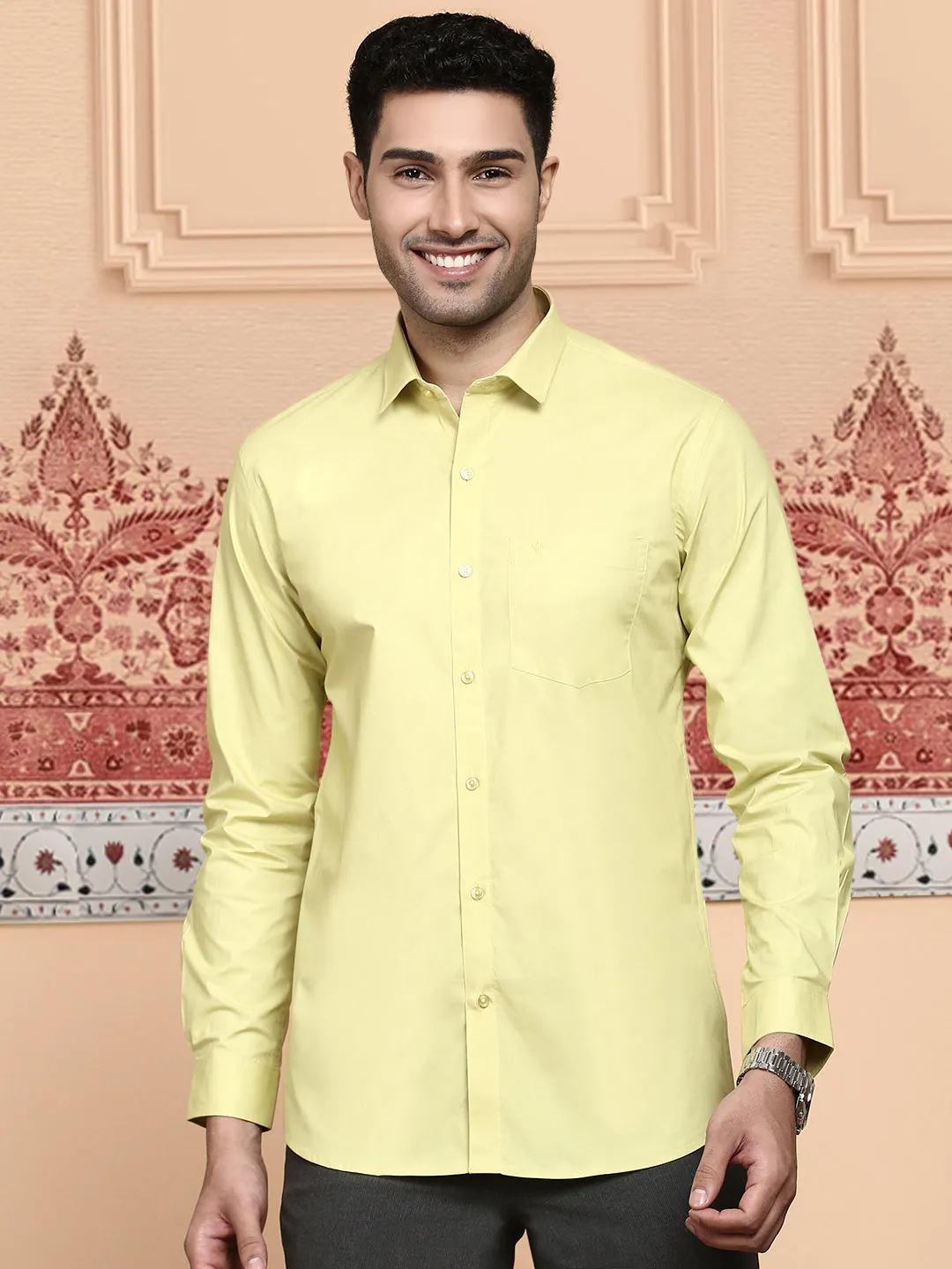 Men Cotton Spandex Shirt 2 Way Stretch Yellow LY3