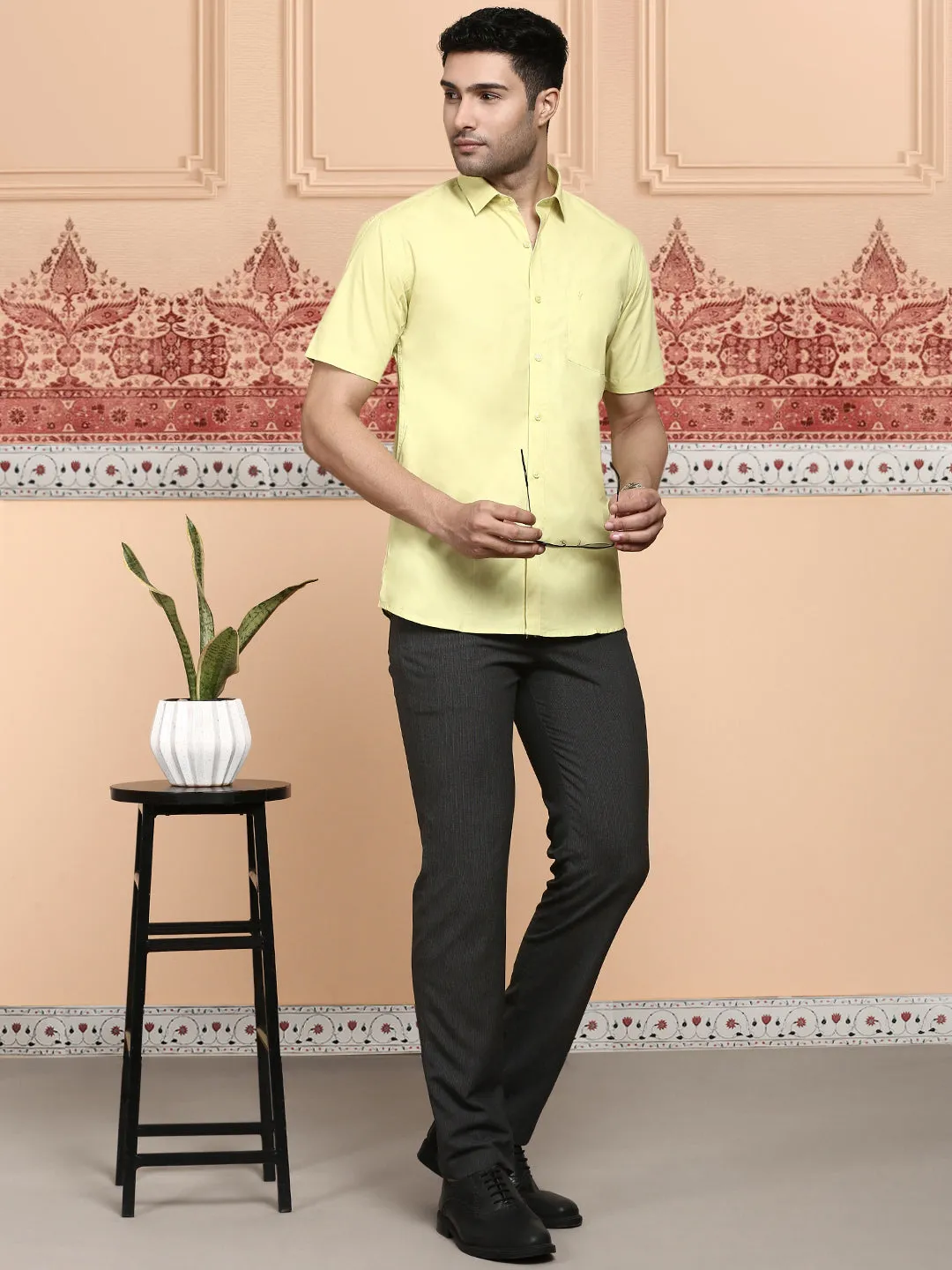 Men Cotton Spandex Shirt 2 Way Stretch Yellow LY3