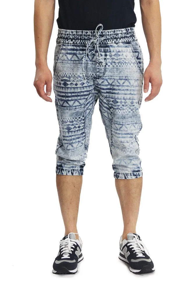 Men's Aztec Print Denim Jogger Shorts