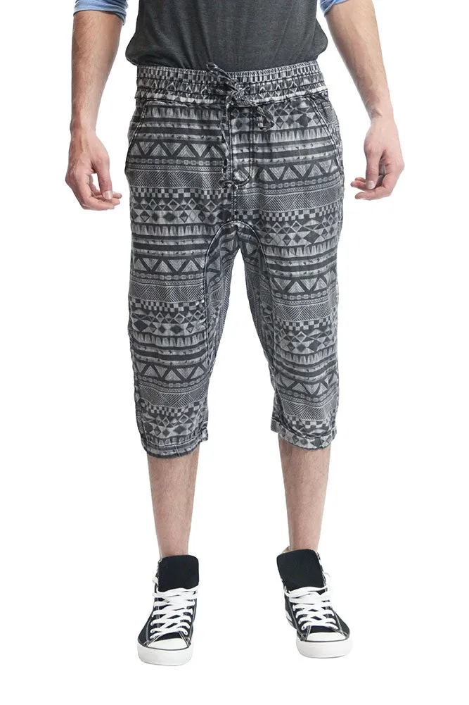 Men's Aztec Print Denim Jogger Shorts