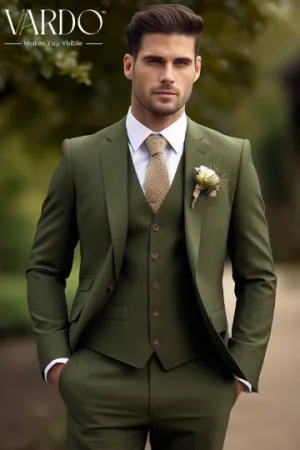 Men's Khaki Green Three Piece Suit