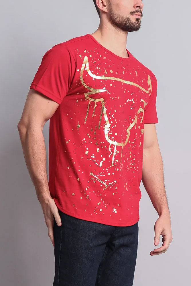 Metallic Paint Splattered Bull Logo Long Length Curved Hem T-Shirt