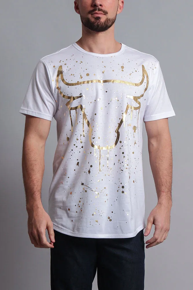 Metallic Paint Splattered Bull Logo Long Length Curved Hem T-Shirt