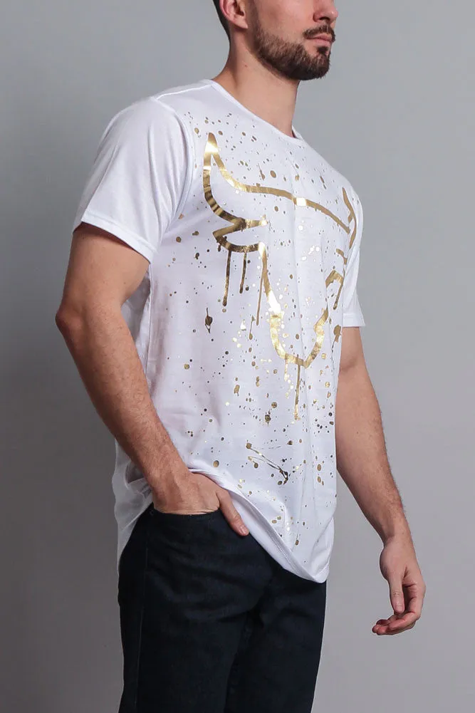 Metallic Paint Splattered Bull Logo Long Length Curved Hem T-Shirt