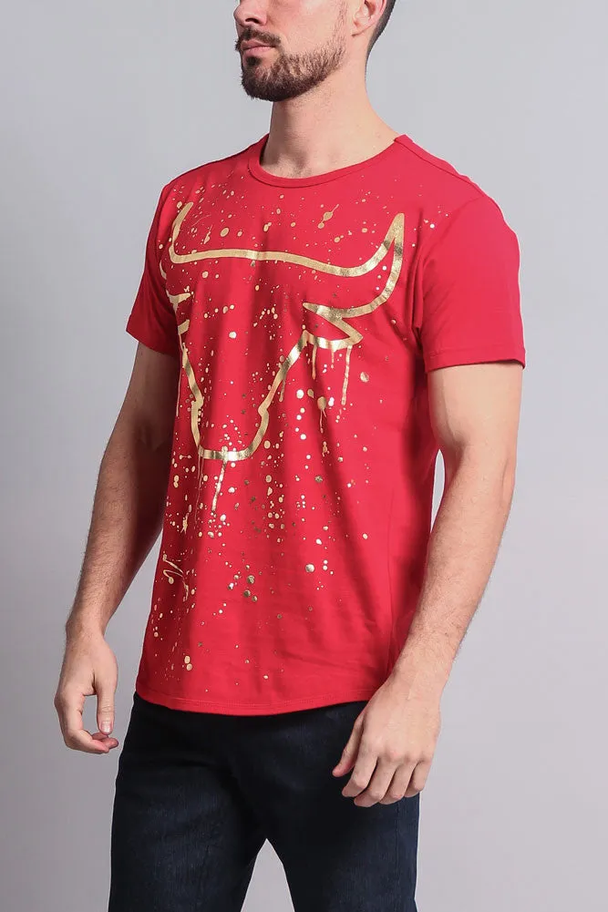 Metallic Paint Splattered Bull Logo Long Length Curved Hem T-Shirt