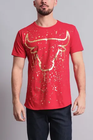 Metallic Paint Splattered Bull Logo Long Length Curved Hem T-Shirt