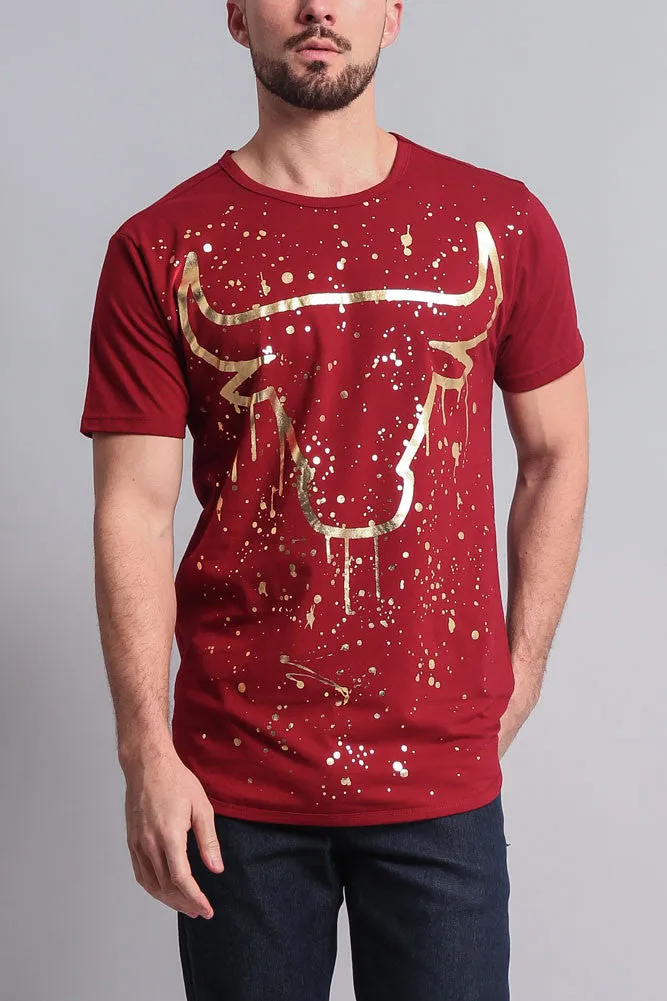 Metallic Paint Splattered Bull Logo Long Length Curved Hem T-Shirt