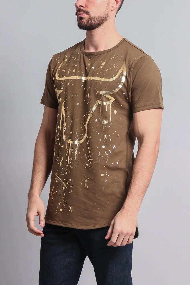 Metallic Paint Splattered Bull Logo Long Length Curved Hem T-Shirt