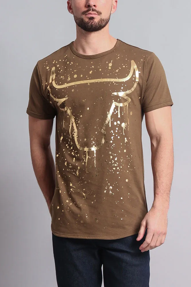 Metallic Paint Splattered Bull Logo Long Length Curved Hem T-Shirt