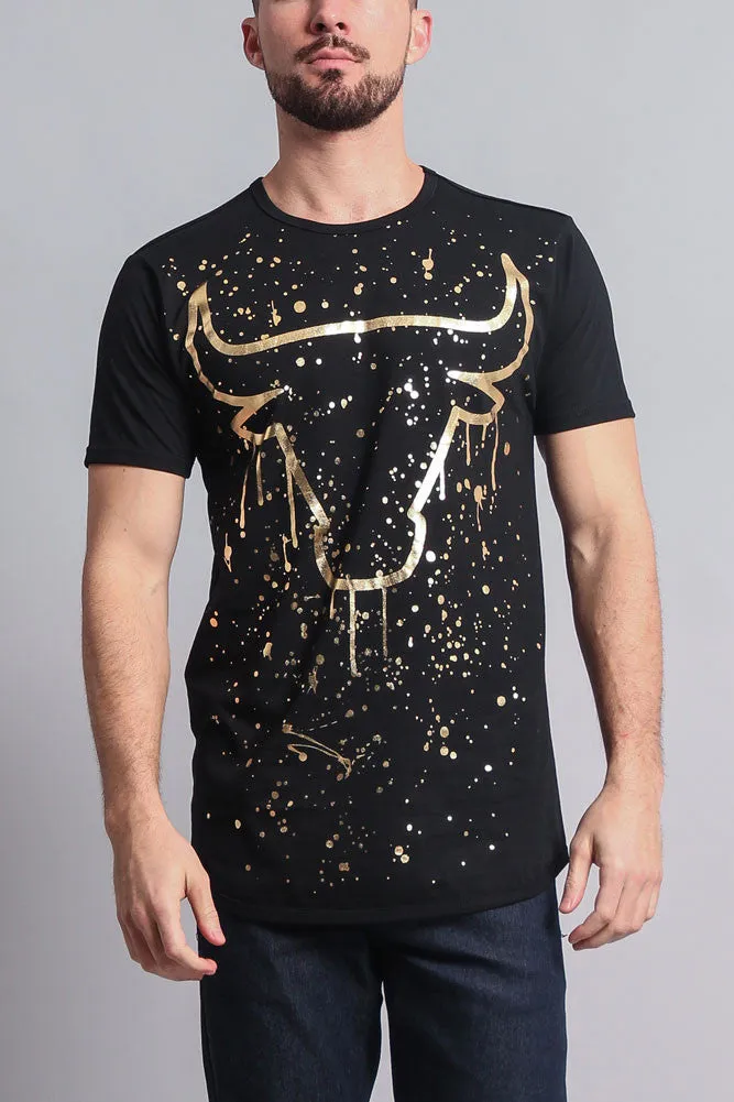 Metallic Paint Splattered Bull Logo Long Length Curved Hem T-Shirt