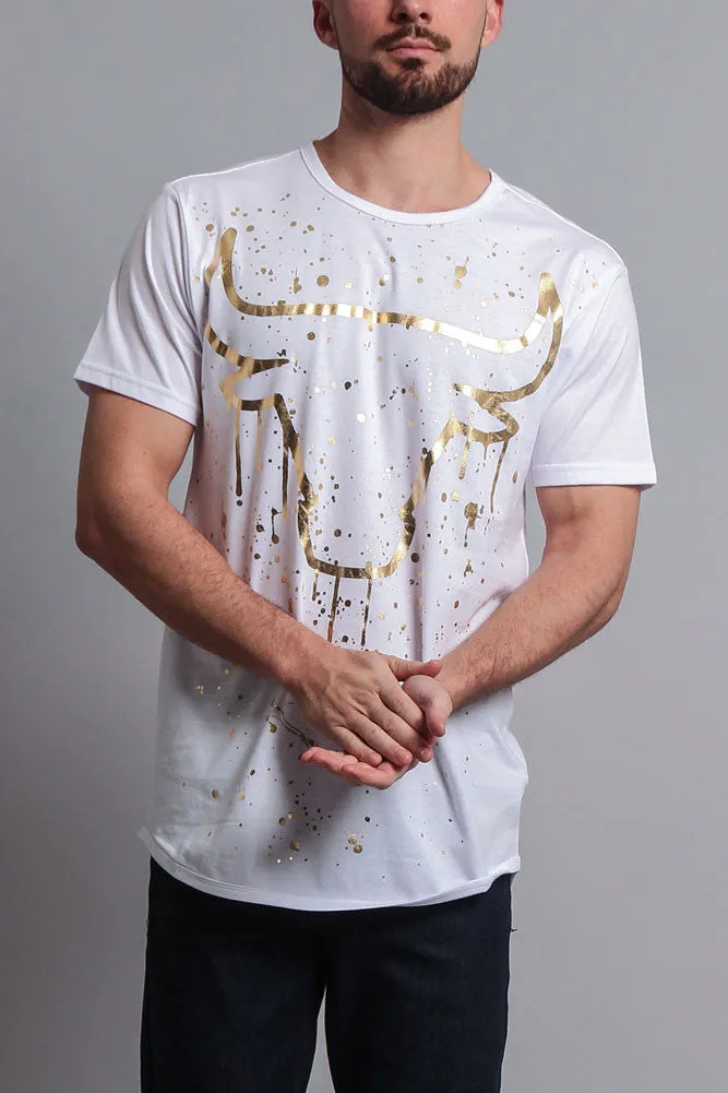 Metallic Paint Splattered Bull Logo Long Length Curved Hem T-Shirt