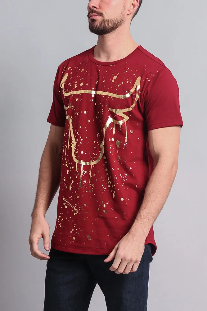 Metallic Paint Splattered Bull Logo Long Length Curved Hem T-Shirt