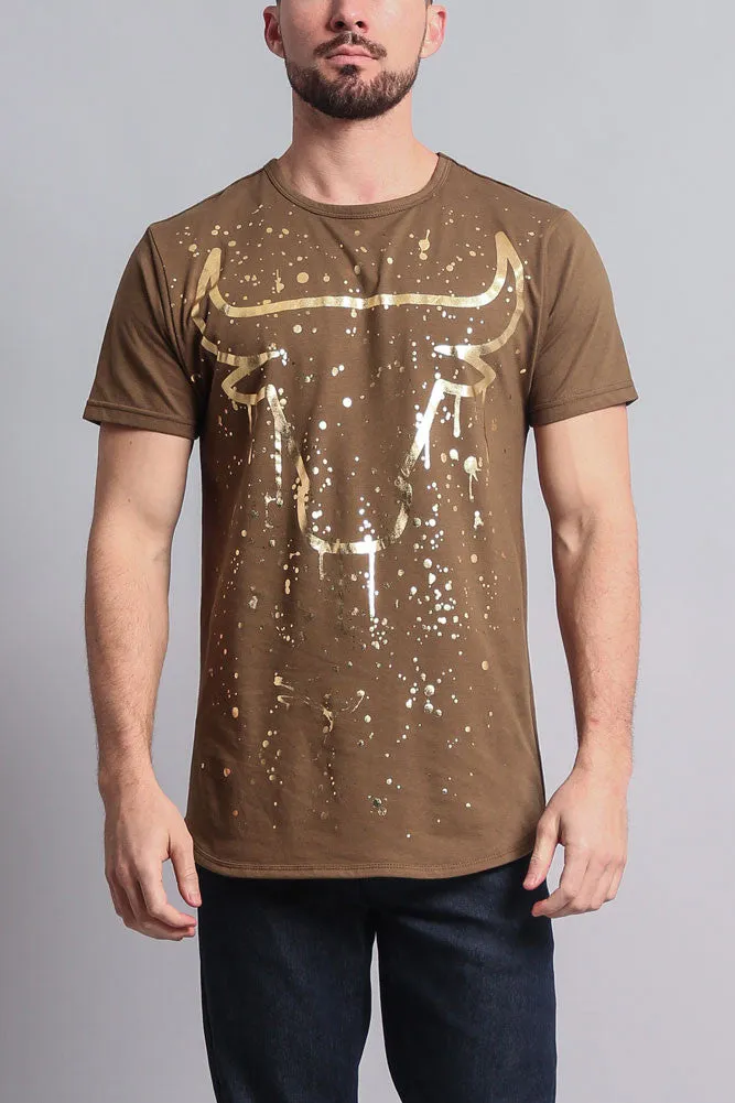 Metallic Paint Splattered Bull Logo Long Length Curved Hem T-Shirt