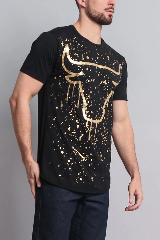 Metallic Paint Splattered Bull Logo Long Length Curved Hem T-Shirt