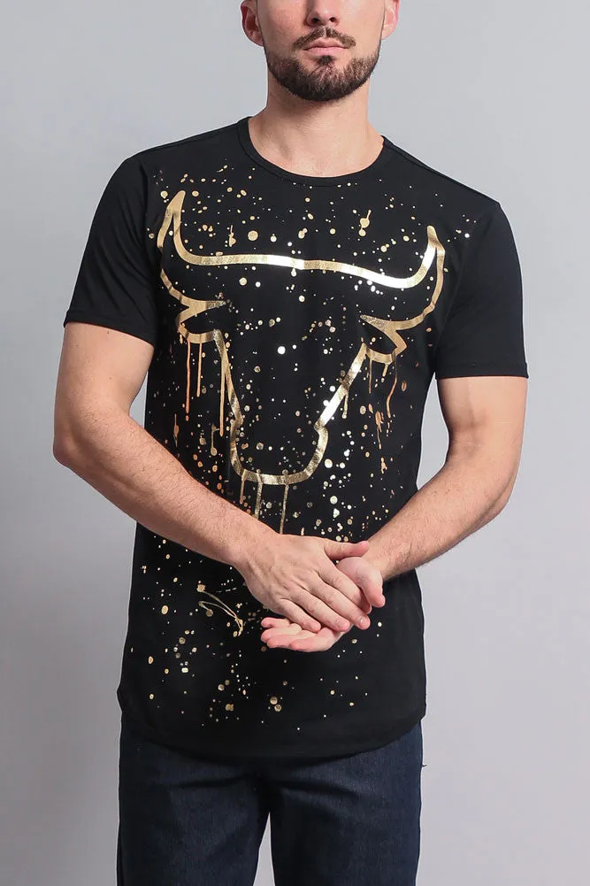 Metallic Paint Splattered Bull Logo Long Length Curved Hem T-Shirt