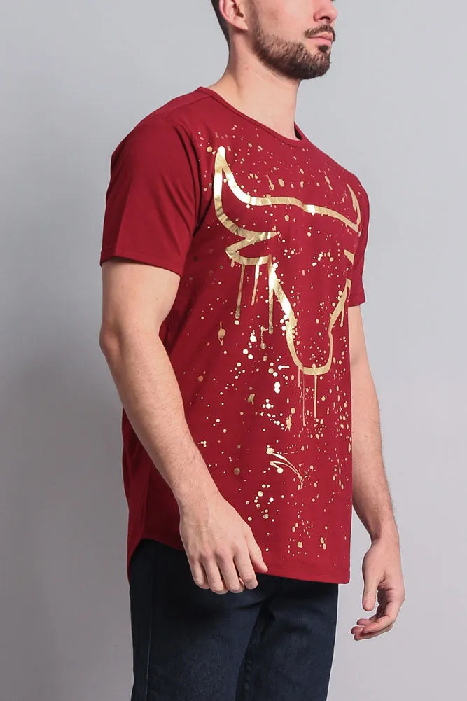 Metallic Paint Splattered Bull Logo Long Length Curved Hem T-Shirt