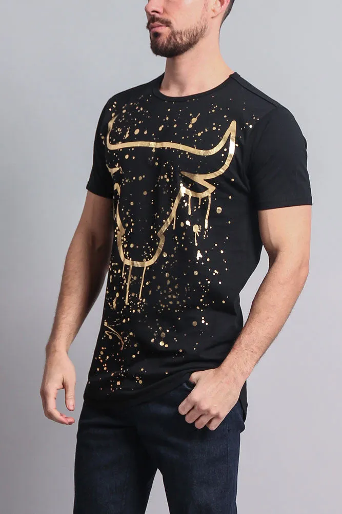 Metallic Paint Splattered Bull Logo Long Length Curved Hem T-Shirt