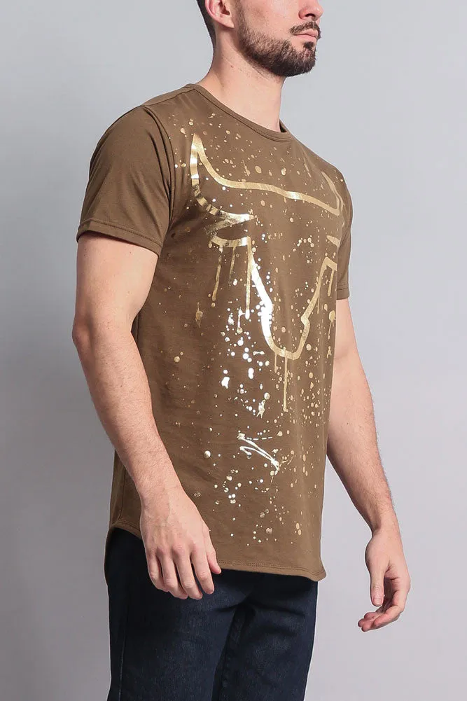 Metallic Paint Splattered Bull Logo Long Length Curved Hem T-Shirt