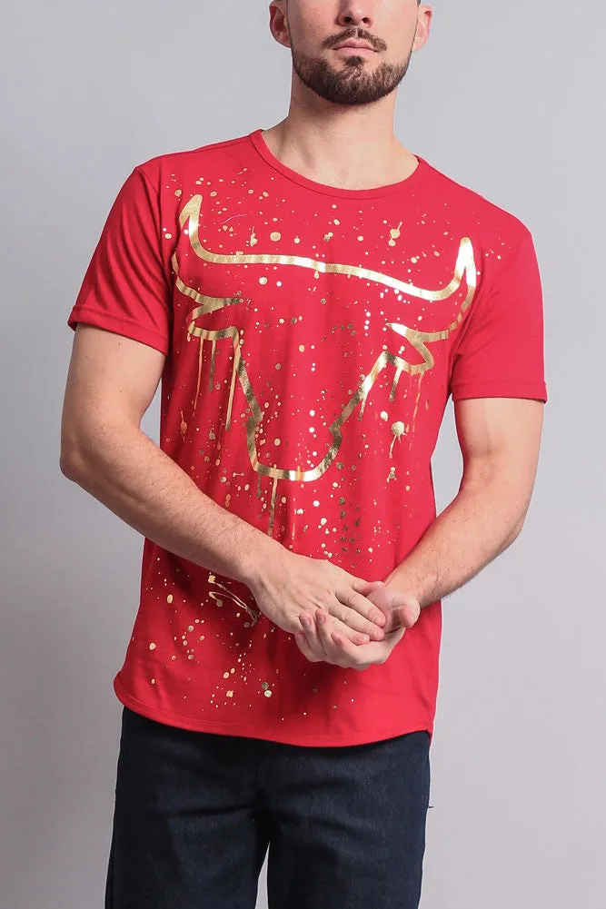 Metallic Paint Splattered Bull Logo Long Length Curved Hem T-Shirt