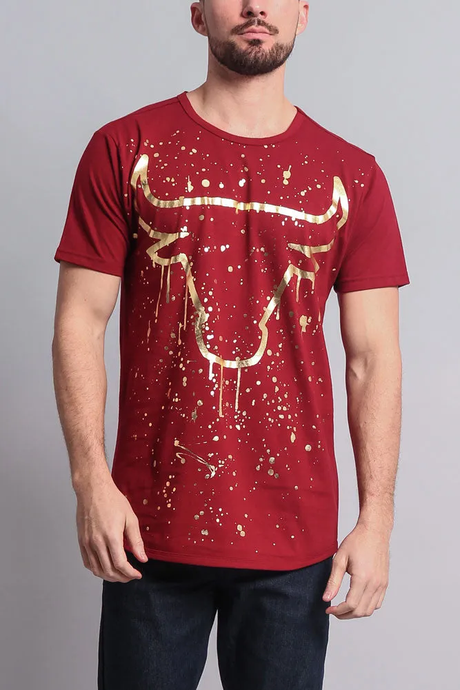 Metallic Paint Splattered Bull Logo Long Length Curved Hem T-Shirt