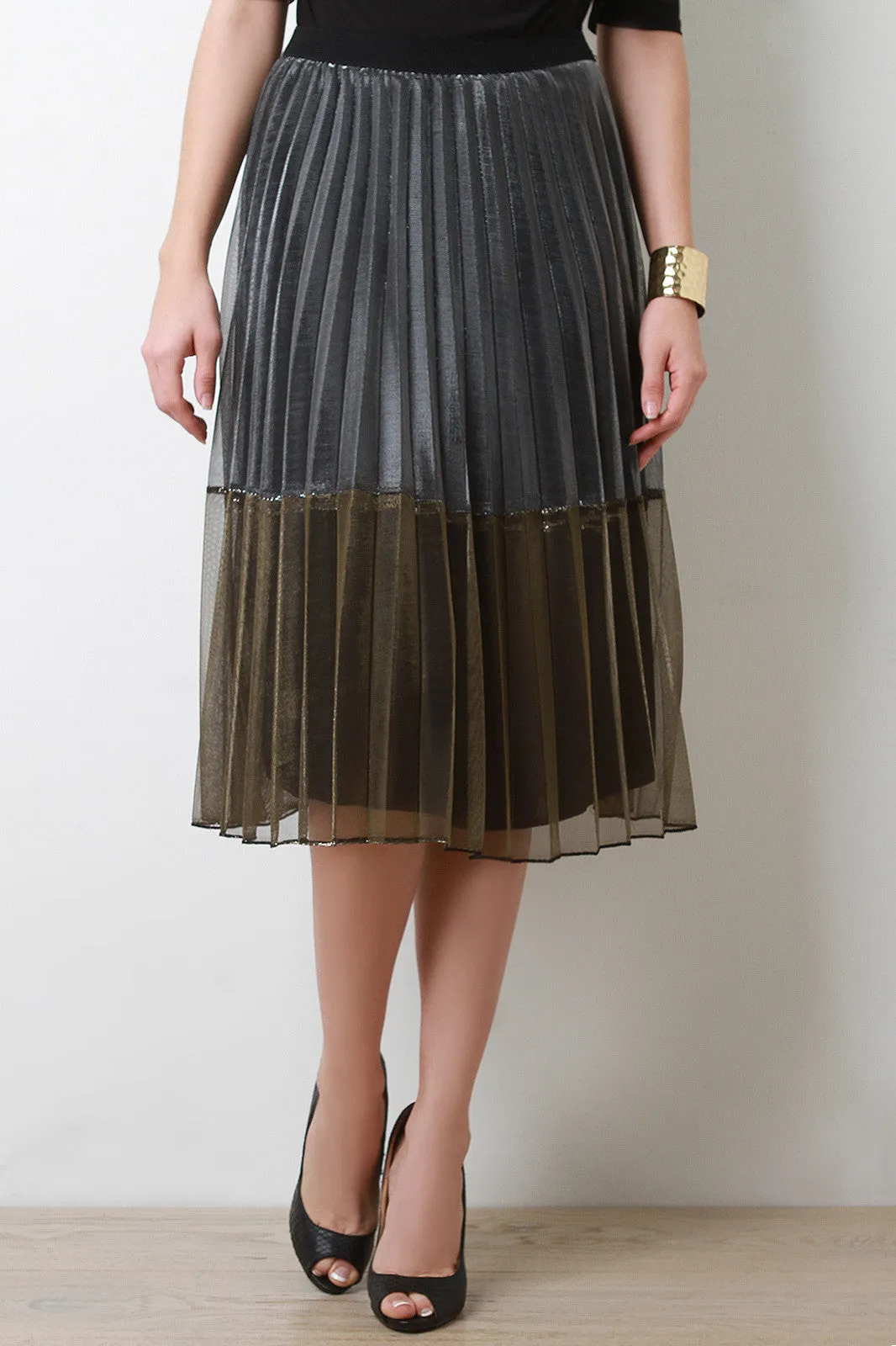 Metallic Sheer Accordion Midi Skirt