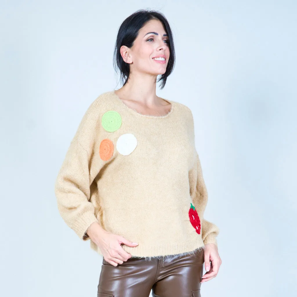 Playful fruit patch sweater wholesale