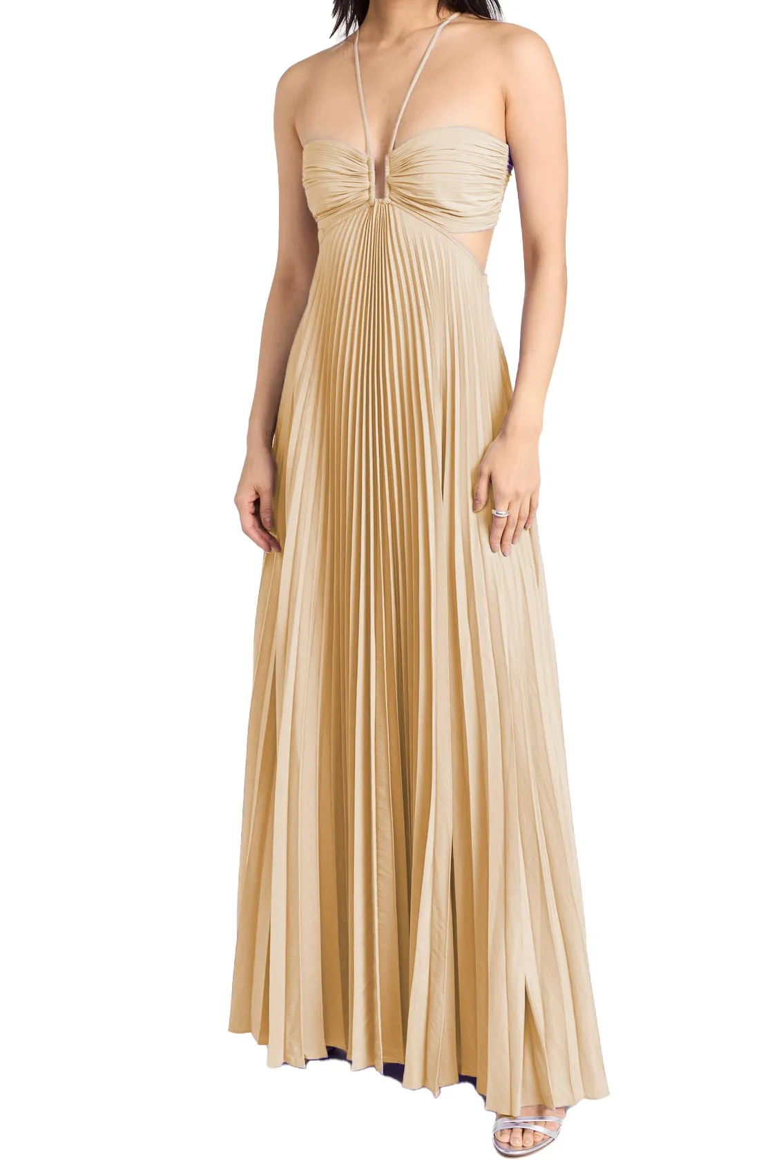 【Quinnbie】Ethereal Grace in a Thousand Pleats - Apricot V-Neck Spaghetti Strap Dress.