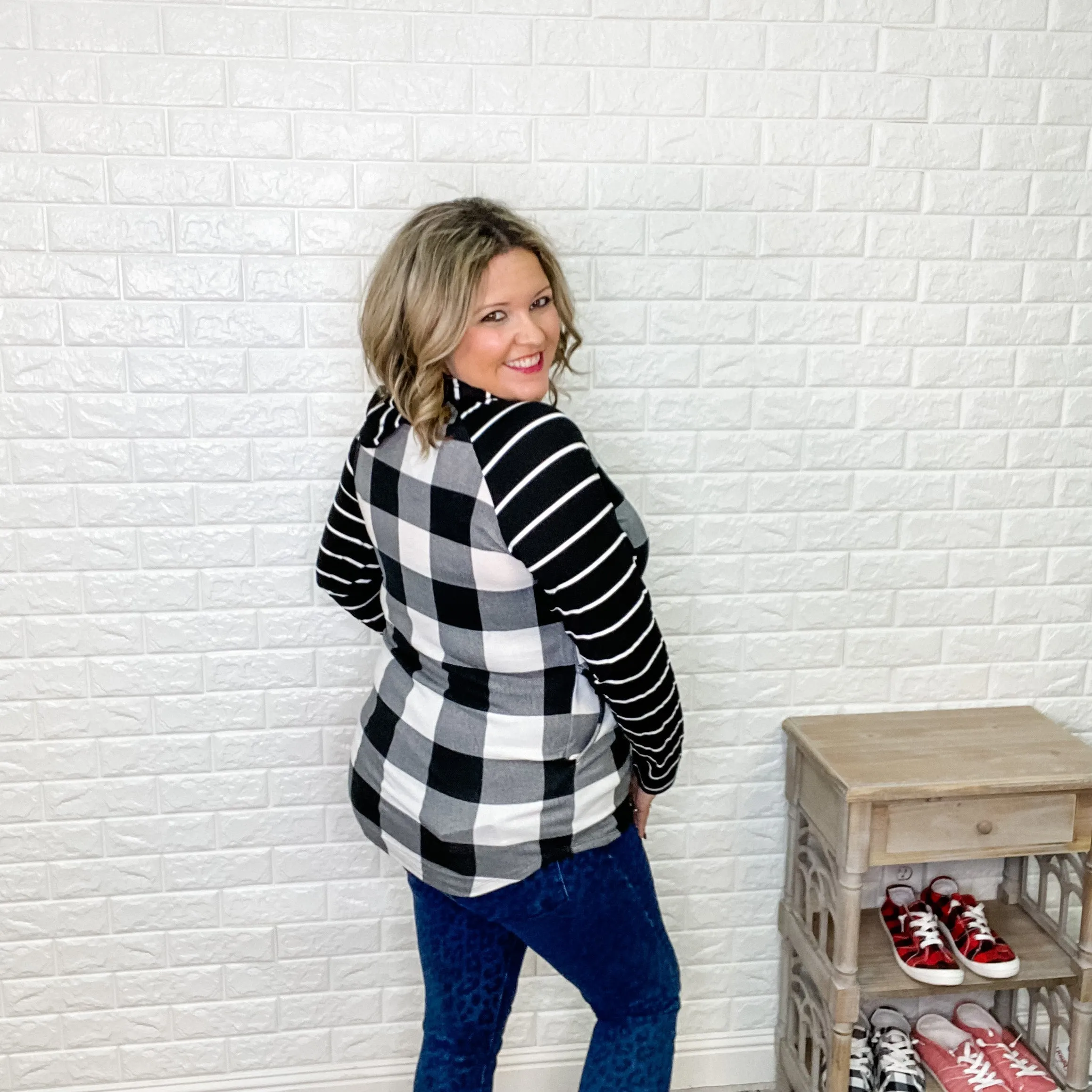 "Crystal" Light Weight Hoodie with Stripe Sleeve (Black & White Plaid)