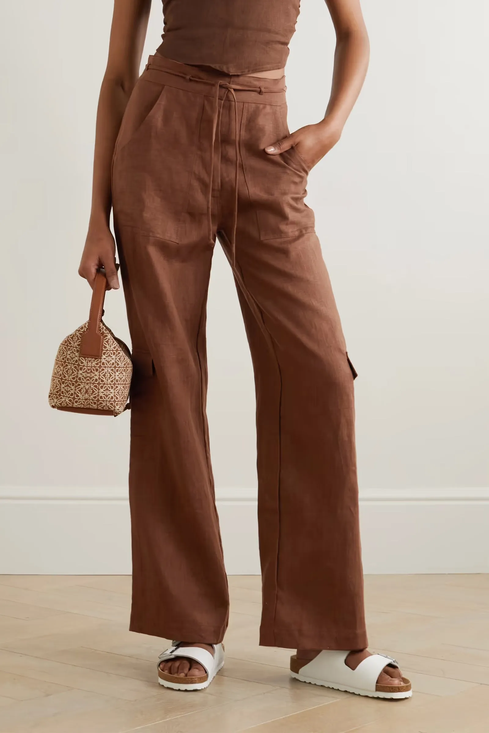 Relais Belted Linen Straight-leg Pants