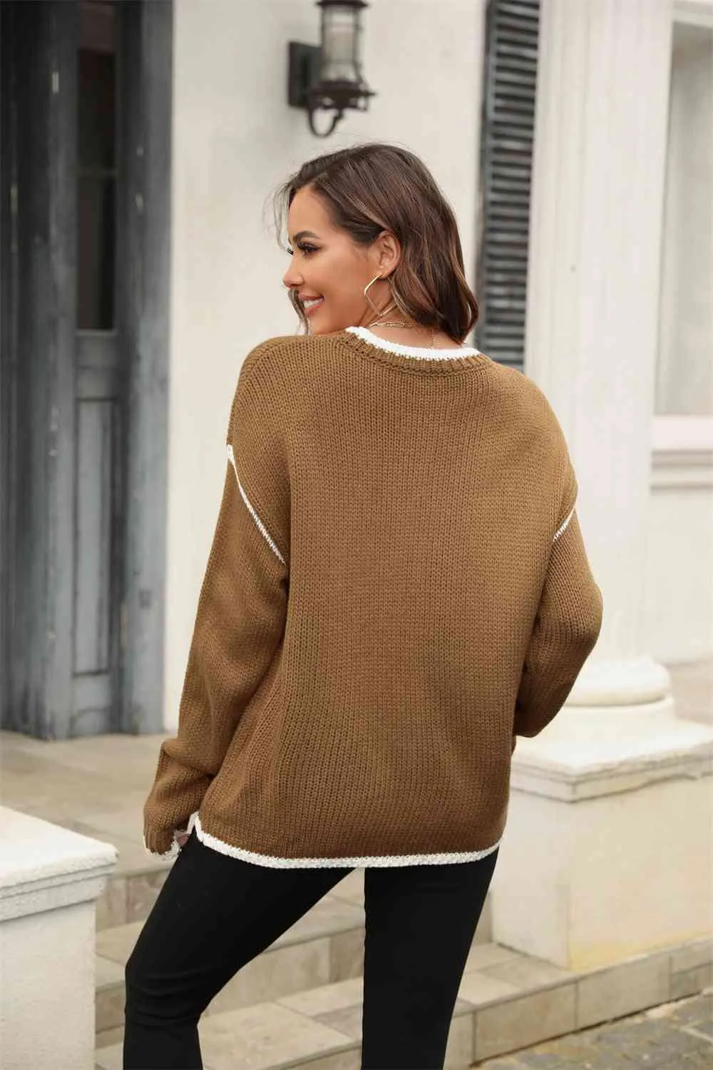 Round Neck Long Sleeve Waffle-Knit Sweater