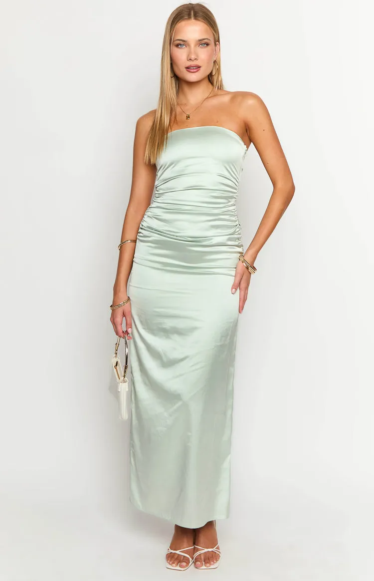 Sage Bloom Satin Strapless Maxi Dress