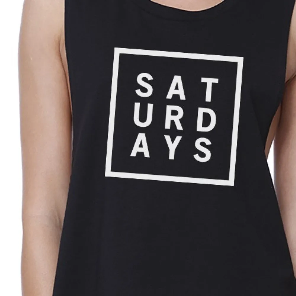 Saturdays Womens Black Sleeveless Crop Top Trendy Typography Shirt