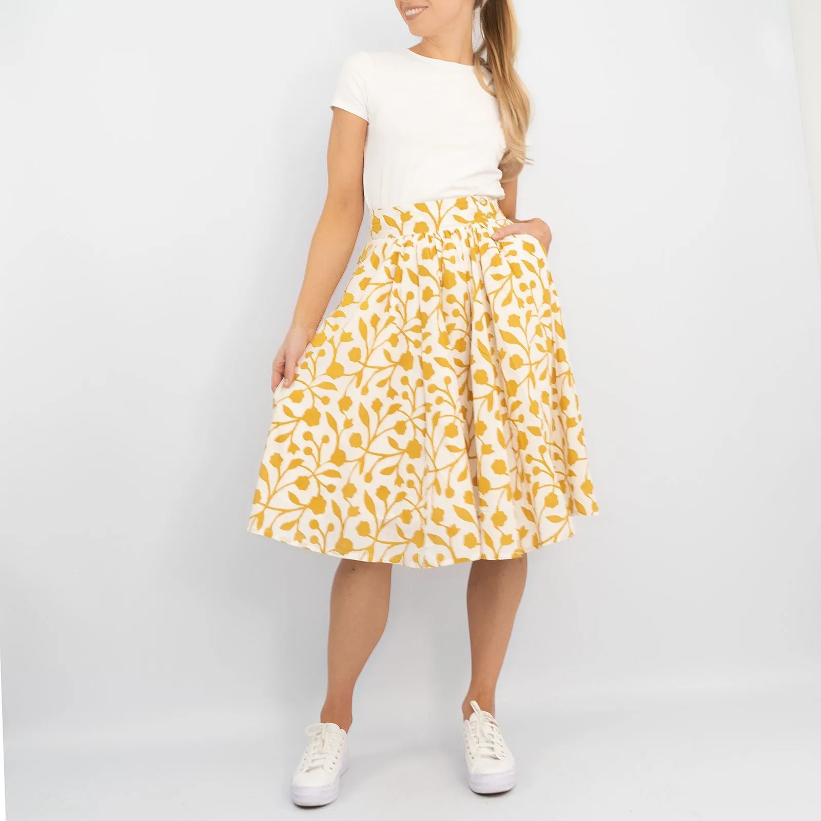 Seasalt Womens Yellow Forsythia Lightweight Cotton Summer Flare Midi Skirts with Pockets