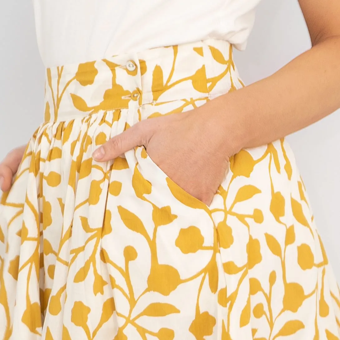 Seasalt Womens Yellow Forsythia Lightweight Cotton Summer Flare Midi Skirts with Pockets