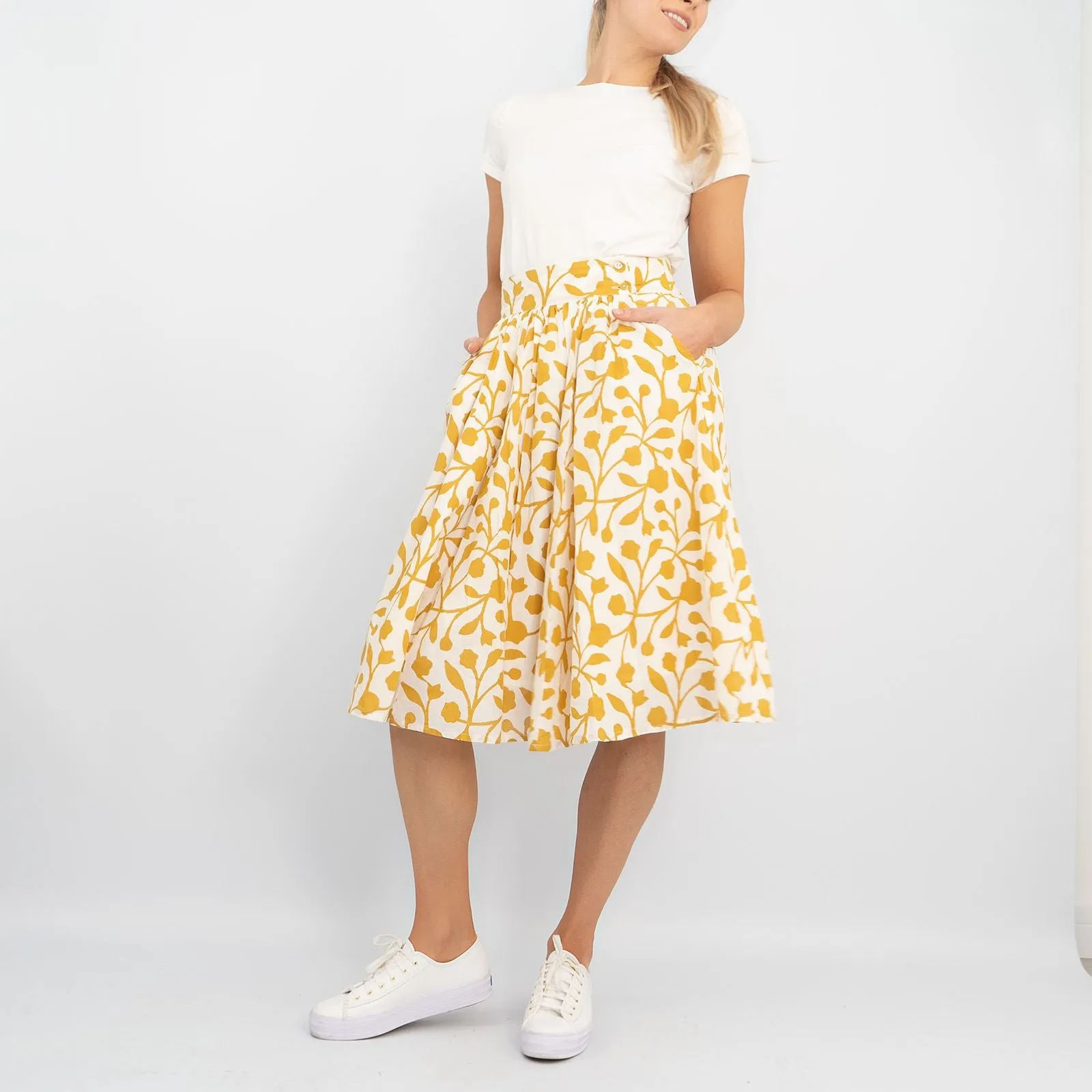 Seasalt Womens Yellow Forsythia Lightweight Cotton Summer Flare Midi Skirts with Pockets