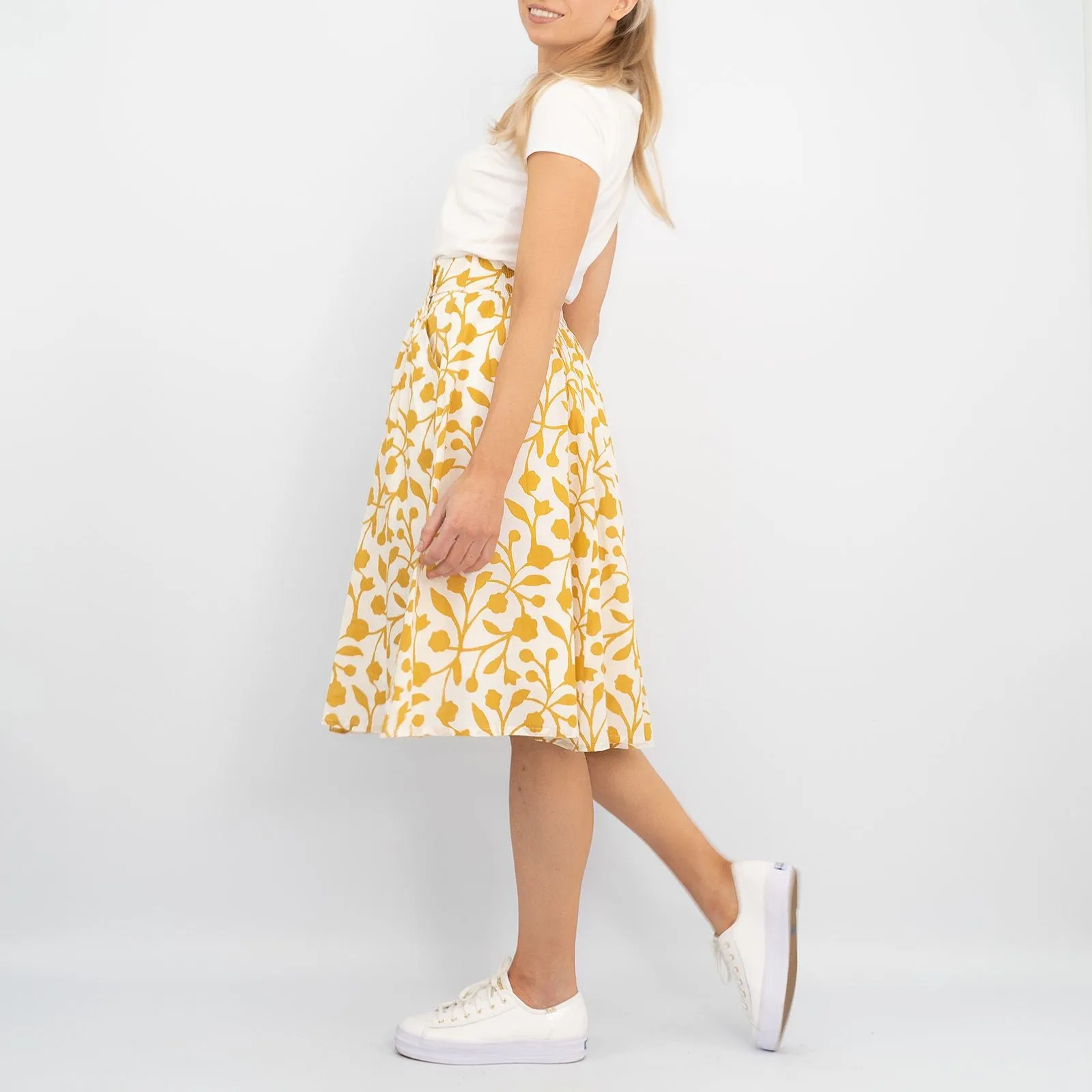 Seasalt Womens Yellow Forsythia Lightweight Cotton Summer Flare Midi Skirts with Pockets