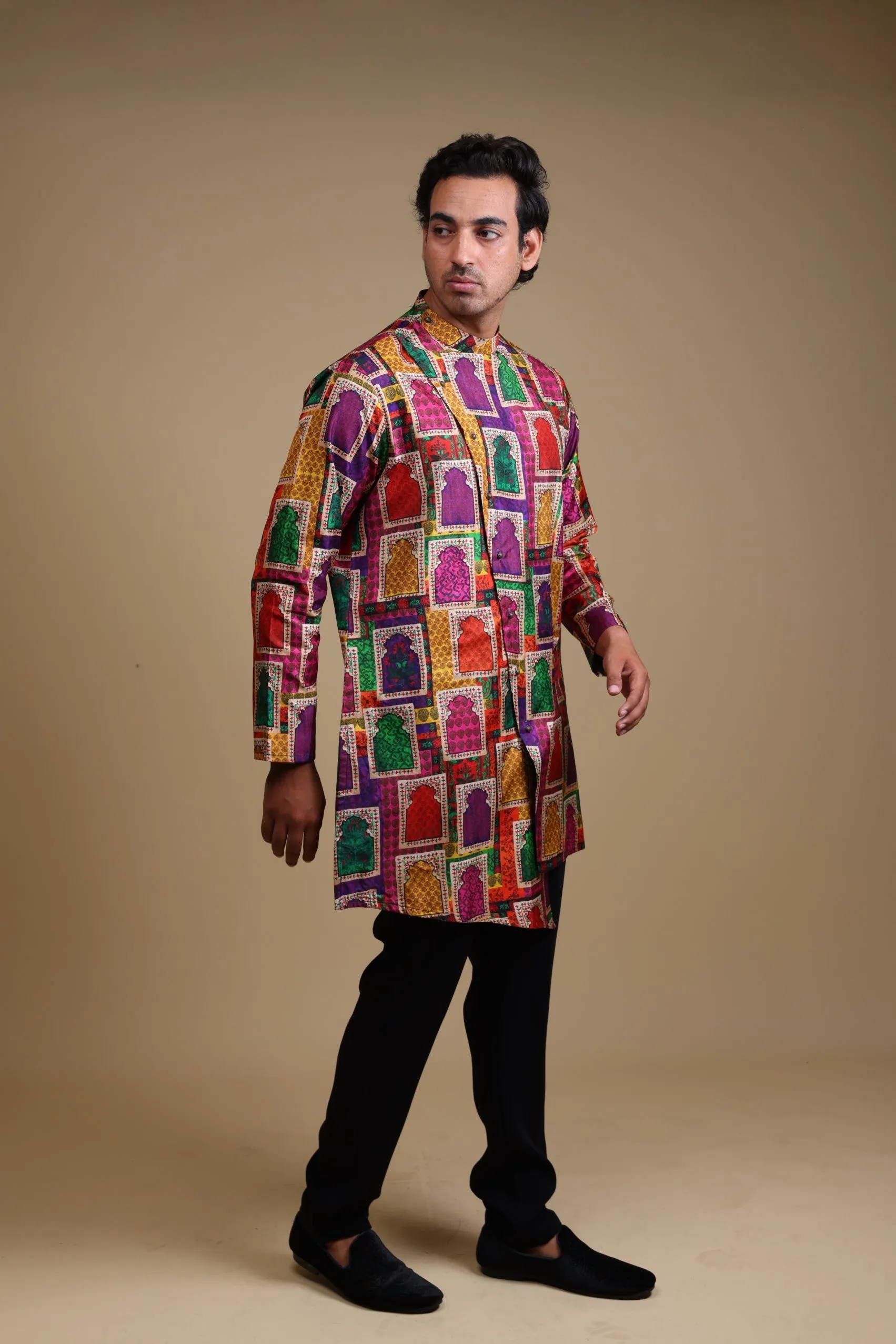 Stylish Jharoka Print asymmetrical
 kurta with pants