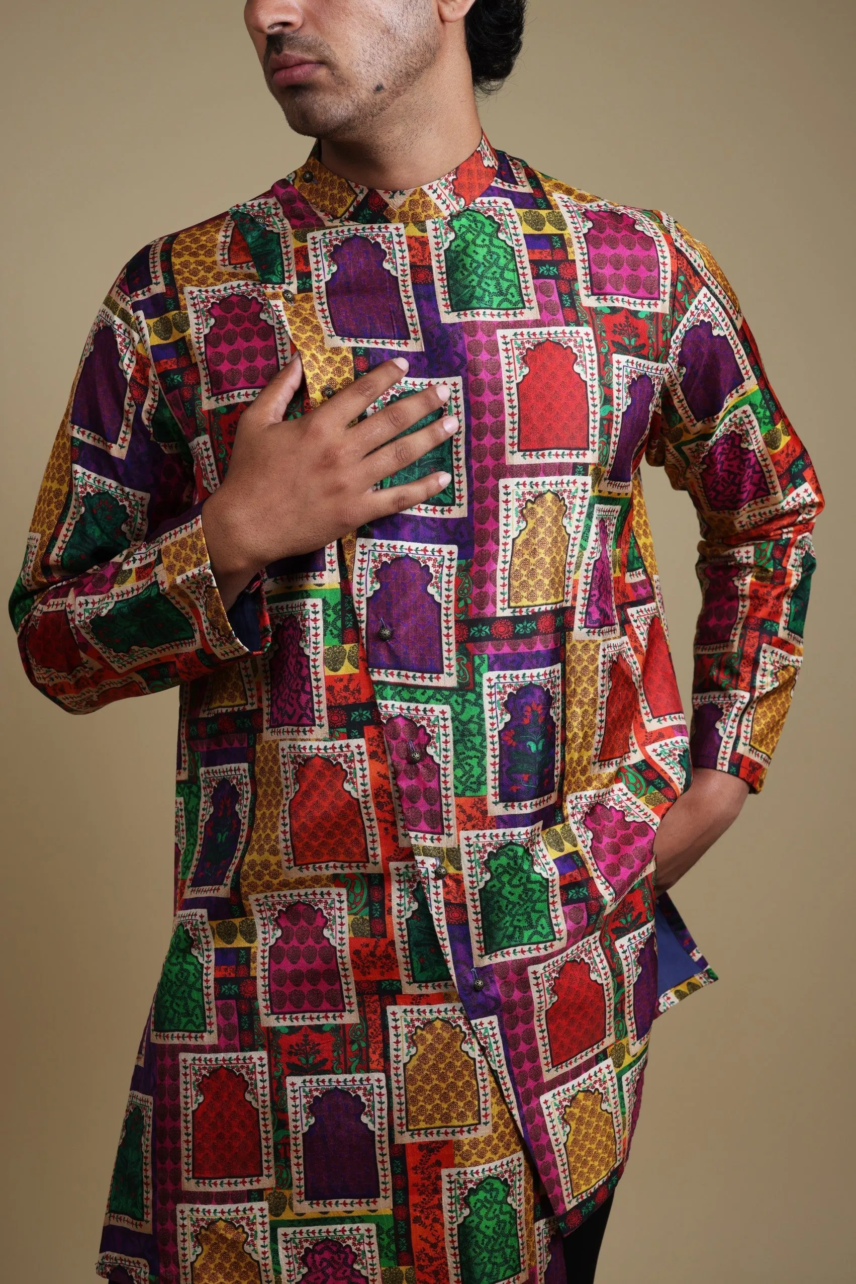 Stylish Jharoka Print asymmetrical
 kurta with pants