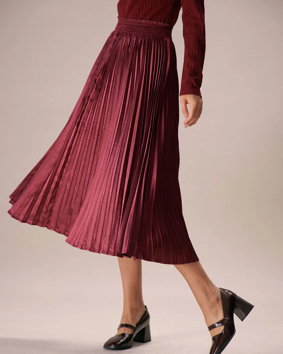 The Wine Red Elastic Waist Pleated Midi Skirt