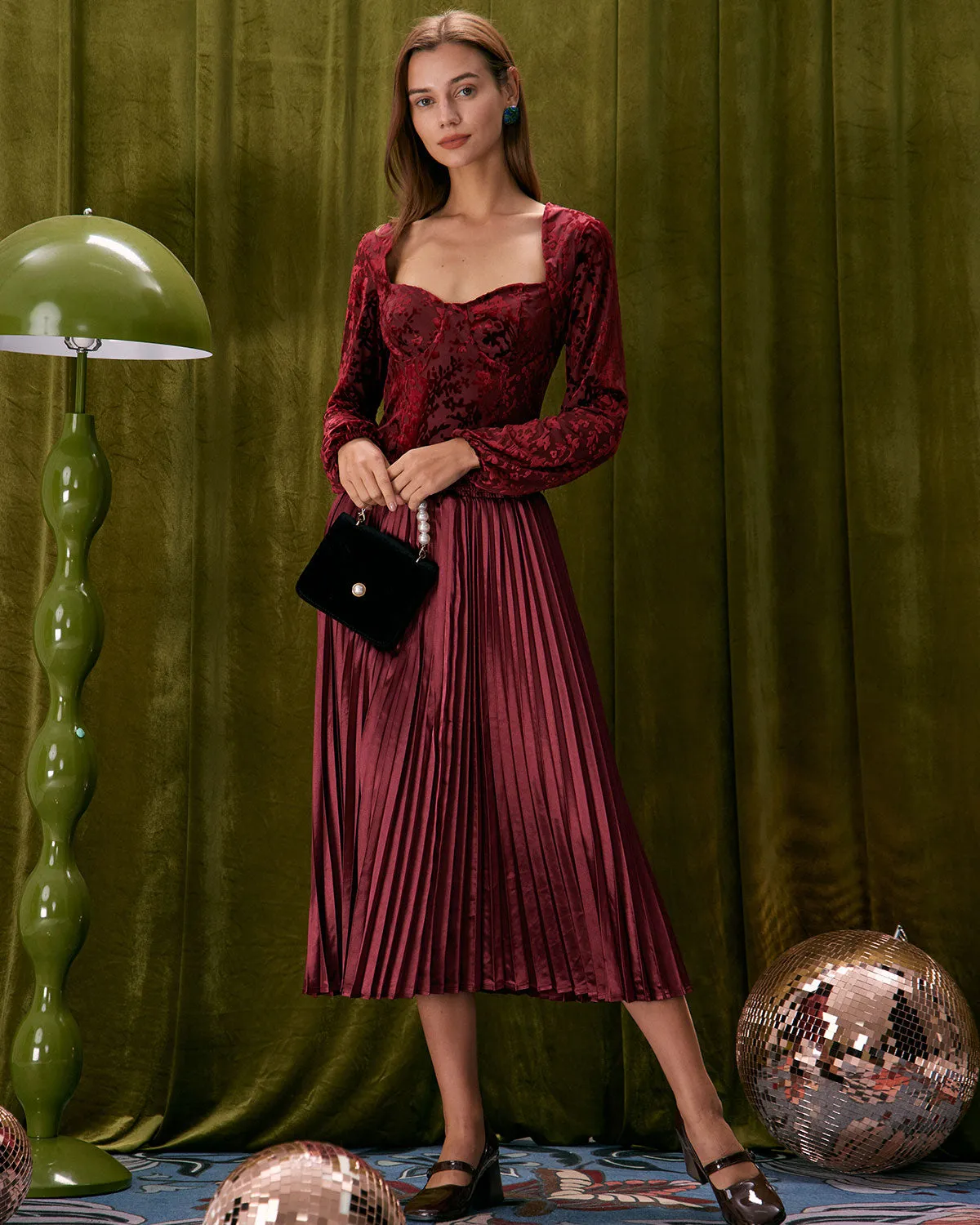 The Wine Red Elastic Waist Pleated Midi Skirt