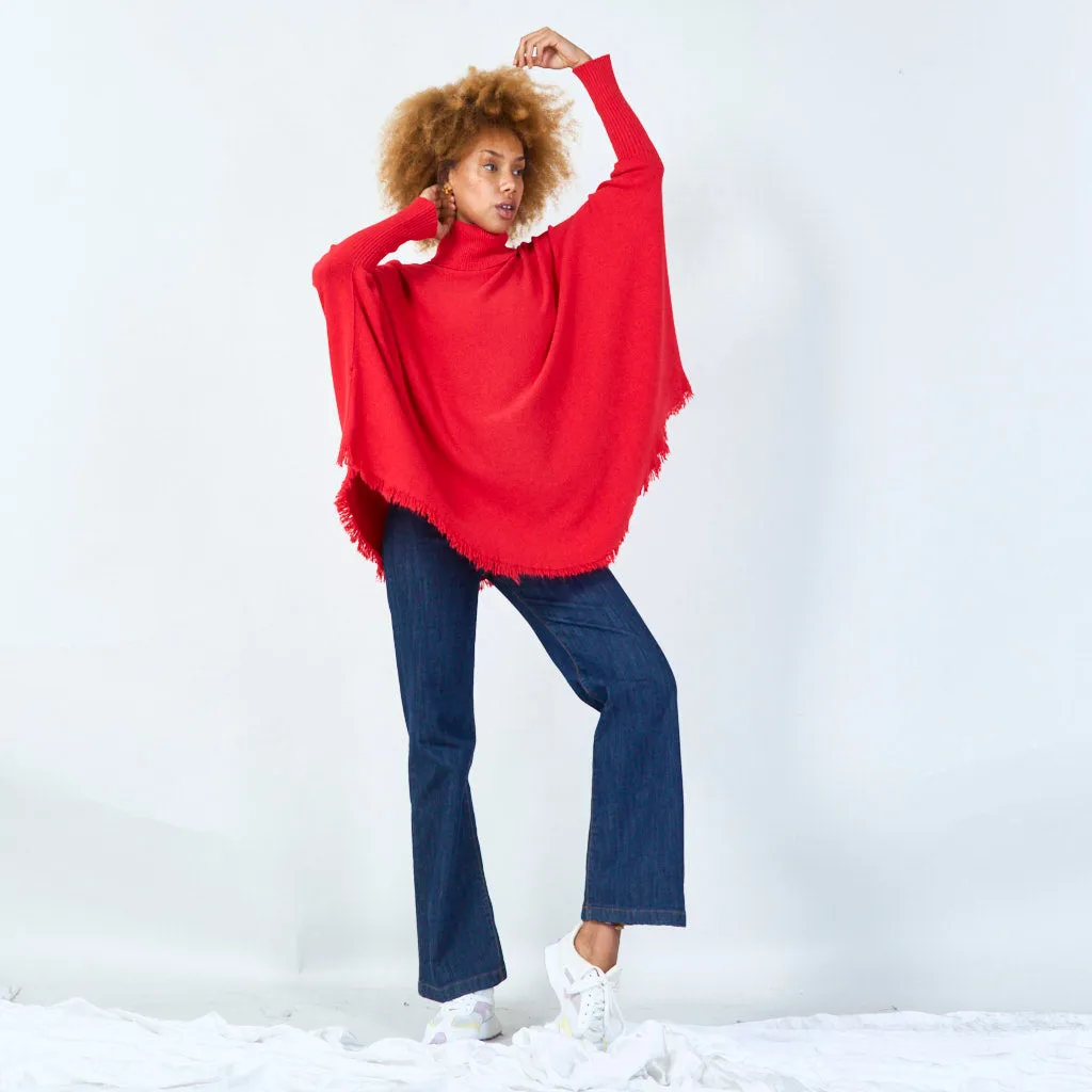 Turtleneck poncho with raw hem wholesale