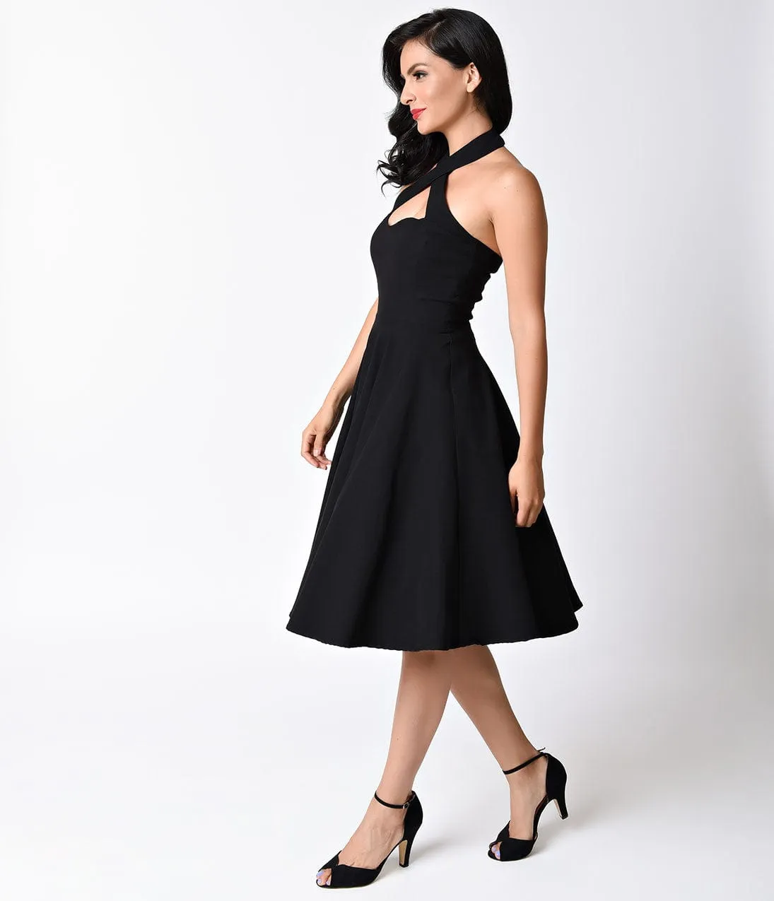 Unique Vintage Black Criss Cross Halter Rita Flare Dress