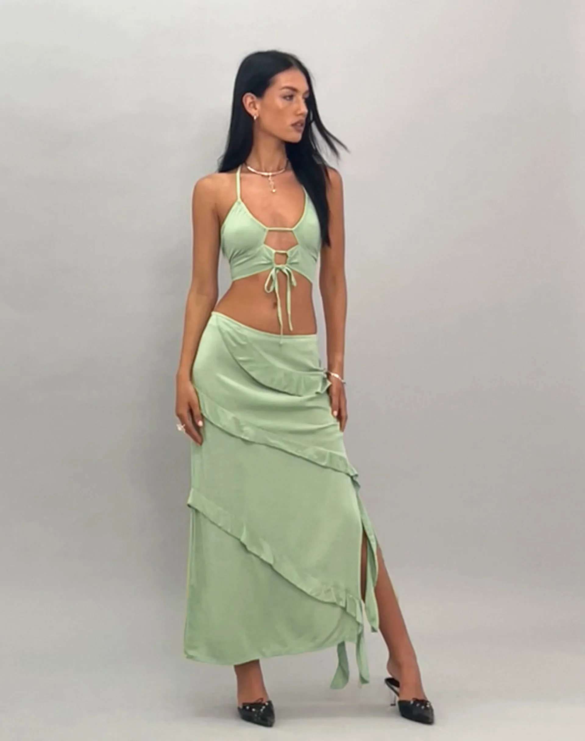 Varena Low Rise Ruffle Maxi Skirt in Mint Sage