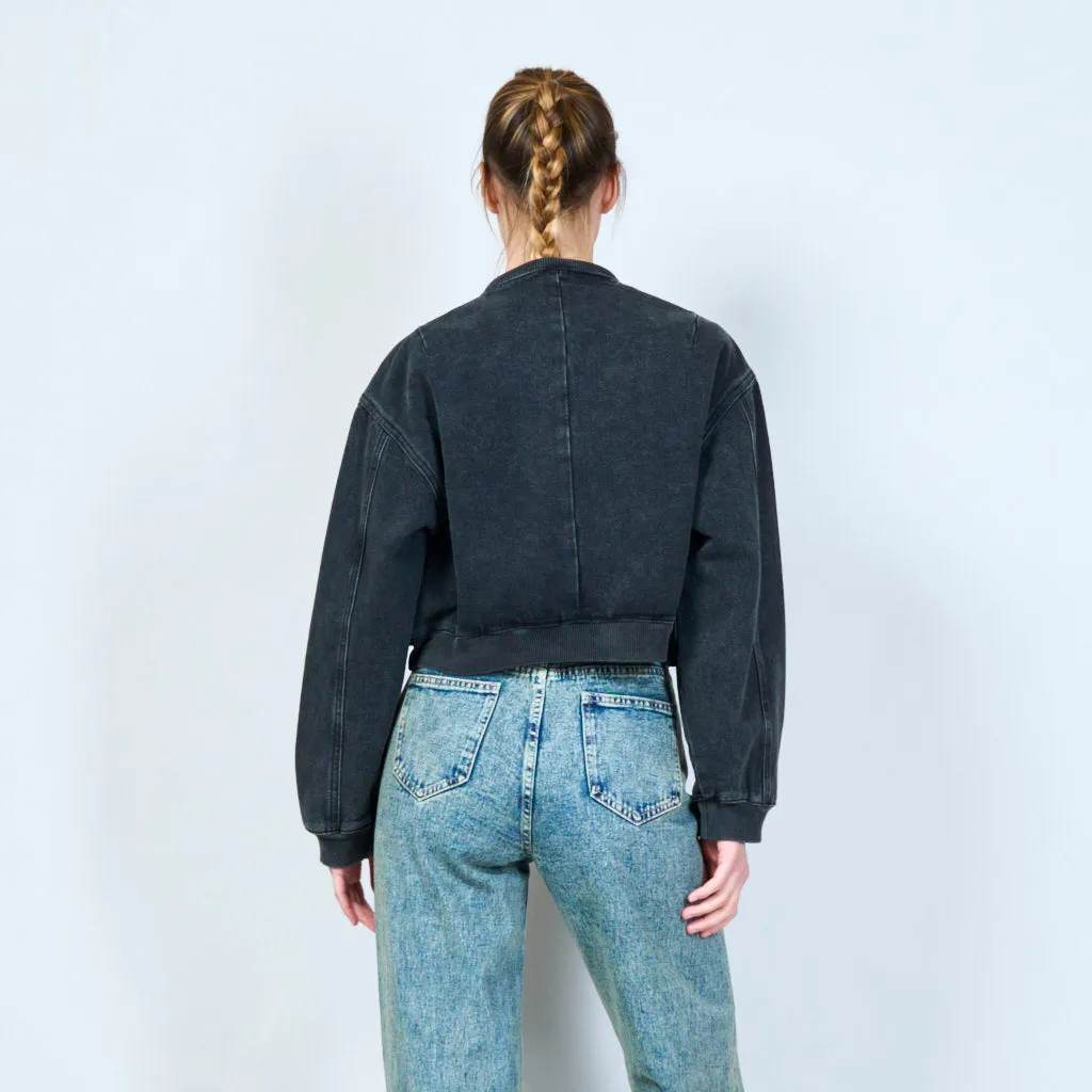 Vintage washed black denim bomber wholesale