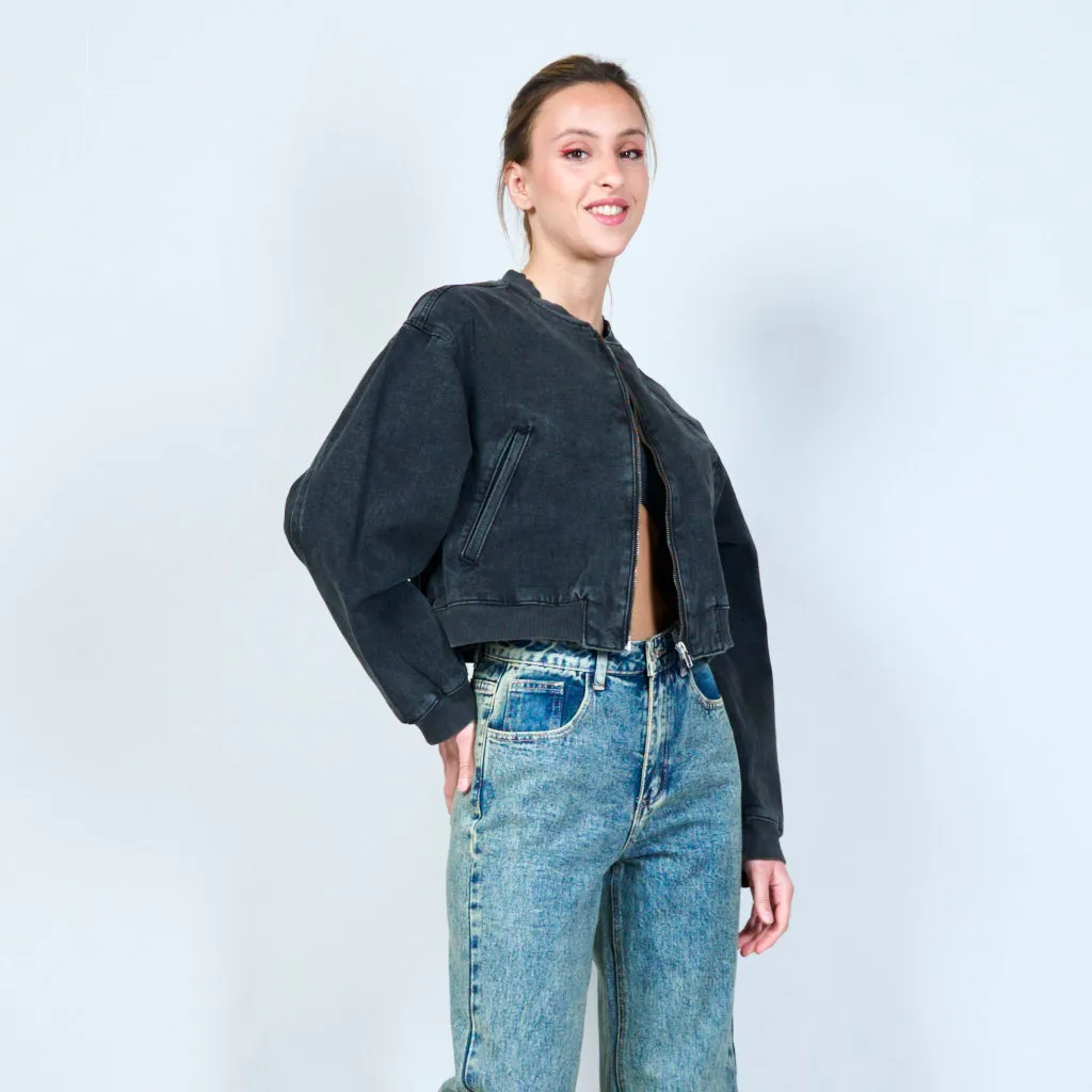 Vintage washed black denim bomber wholesale