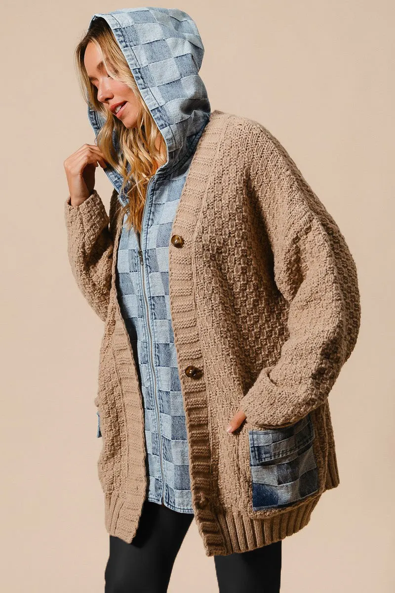 Washed Check Denim Oversized Zip Up Sweater Cardigan