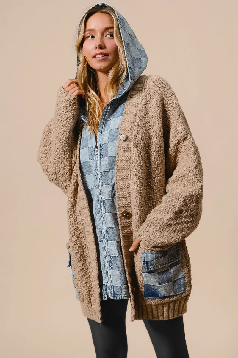 Washed Check Denim Oversized Zip Up Sweater Cardigan