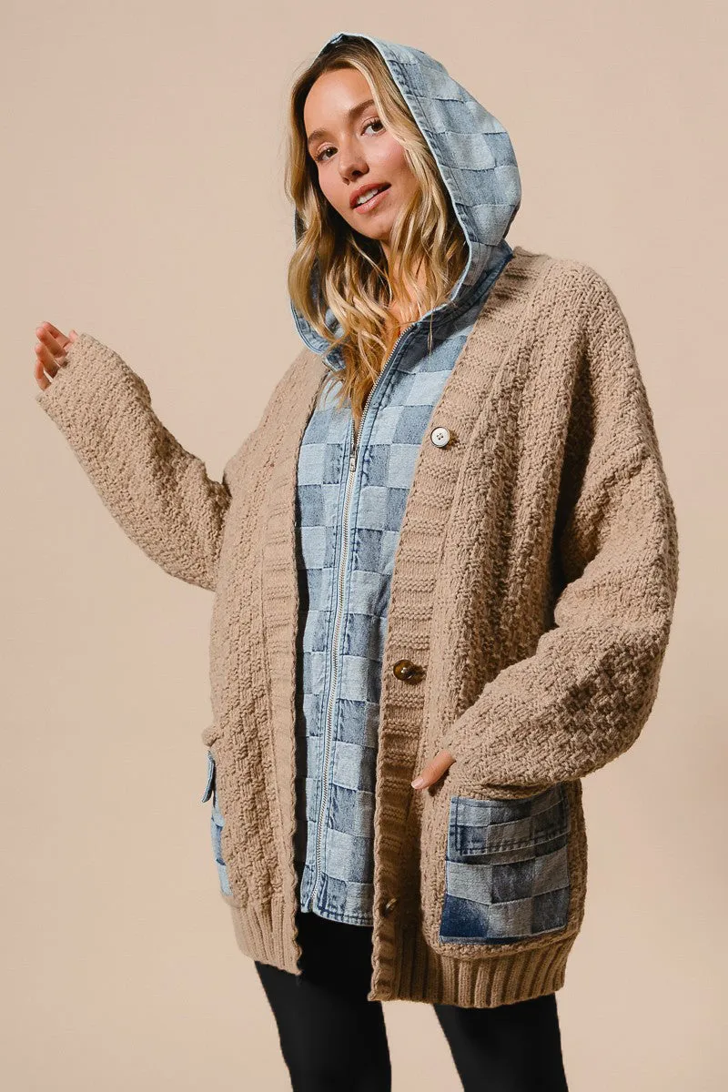 Washed Check Denim Oversized Zip Up Sweater Cardigan